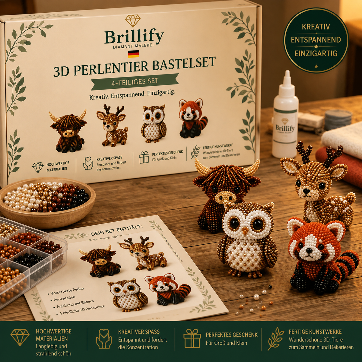 Komplettes 3D Perlentier Bastelset fuer Waldtiere mit Perlen, Bastelzubehoer und fertigen Tierfiguren