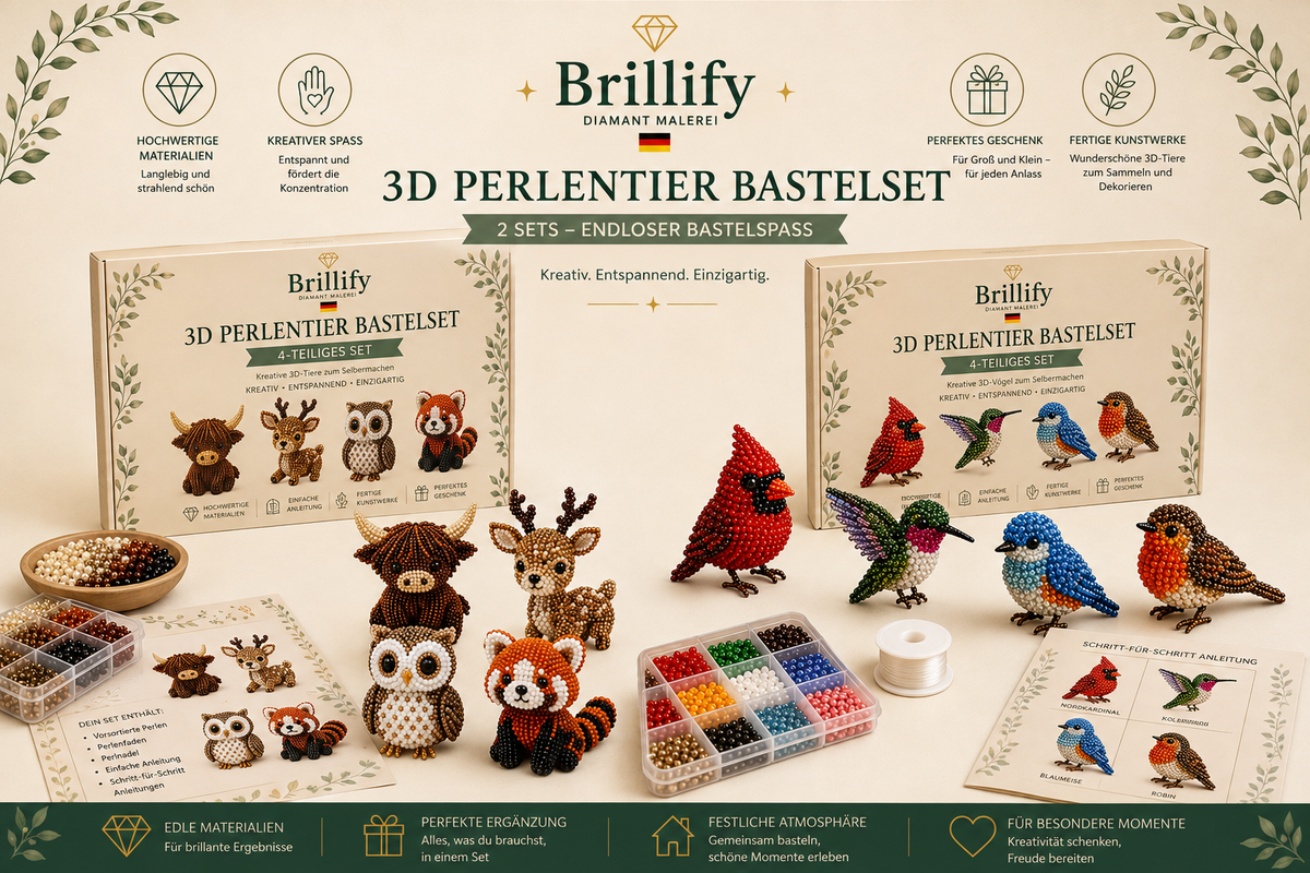 Uebersicht der 3D Perlentier Bastelsets mit Voegeln und Waldtieren sowie Perlen, Anleitung und Zubehoer