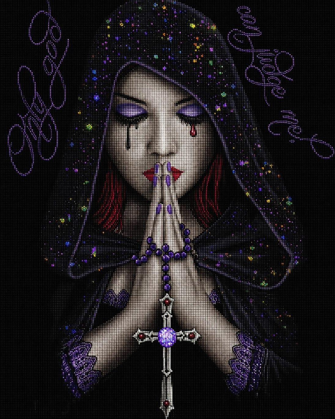 Diamond Painting einer betenden Frau mit Kapuze, violettem Rosenkranz und Kreuz vor schwarzem Hintergrund. Mockup.