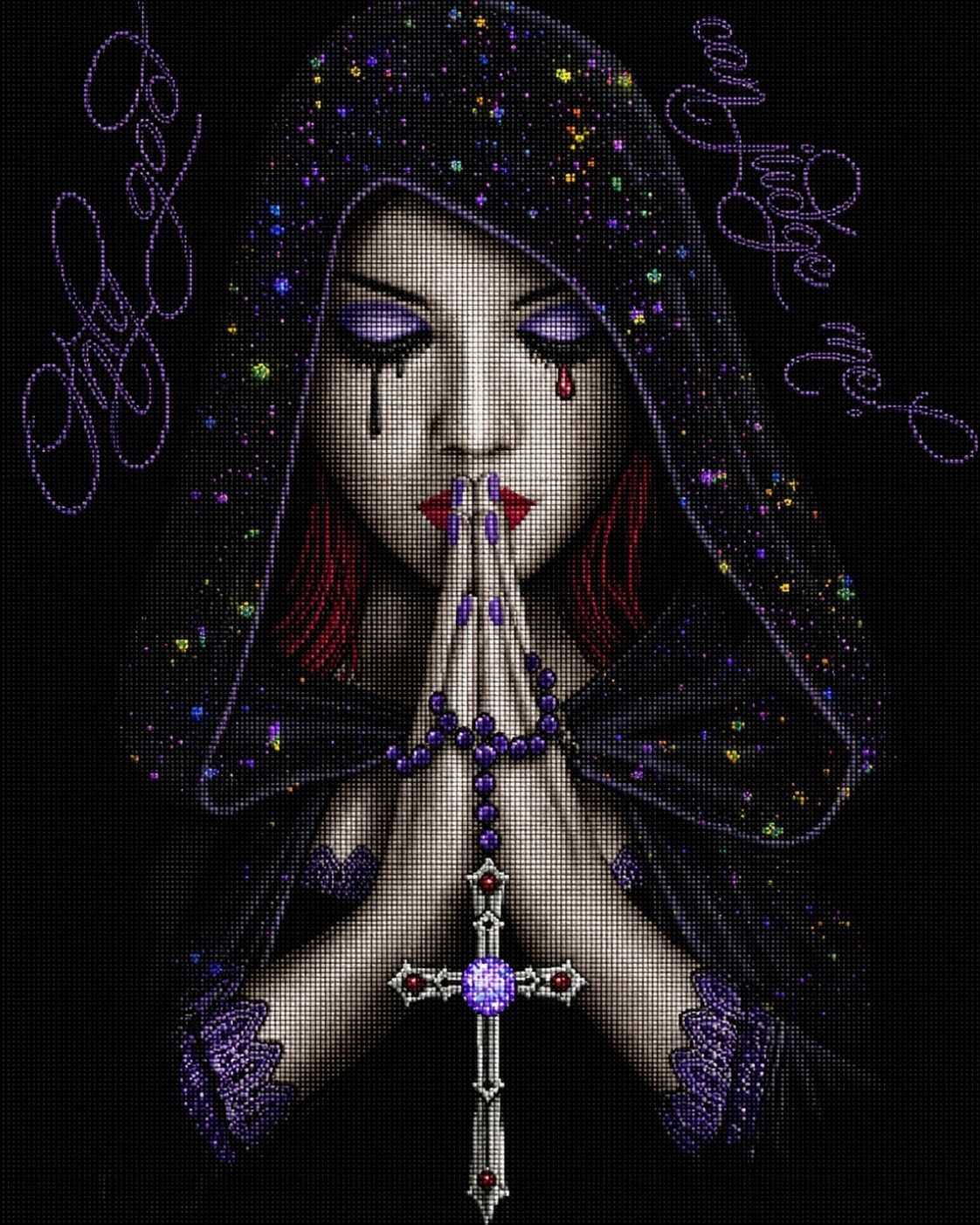 Diamond Painting einer betenden Frau mit Kapuze, violettem Rosenkranz und Kreuz vor schwarzem Hintergrund. Mockup.