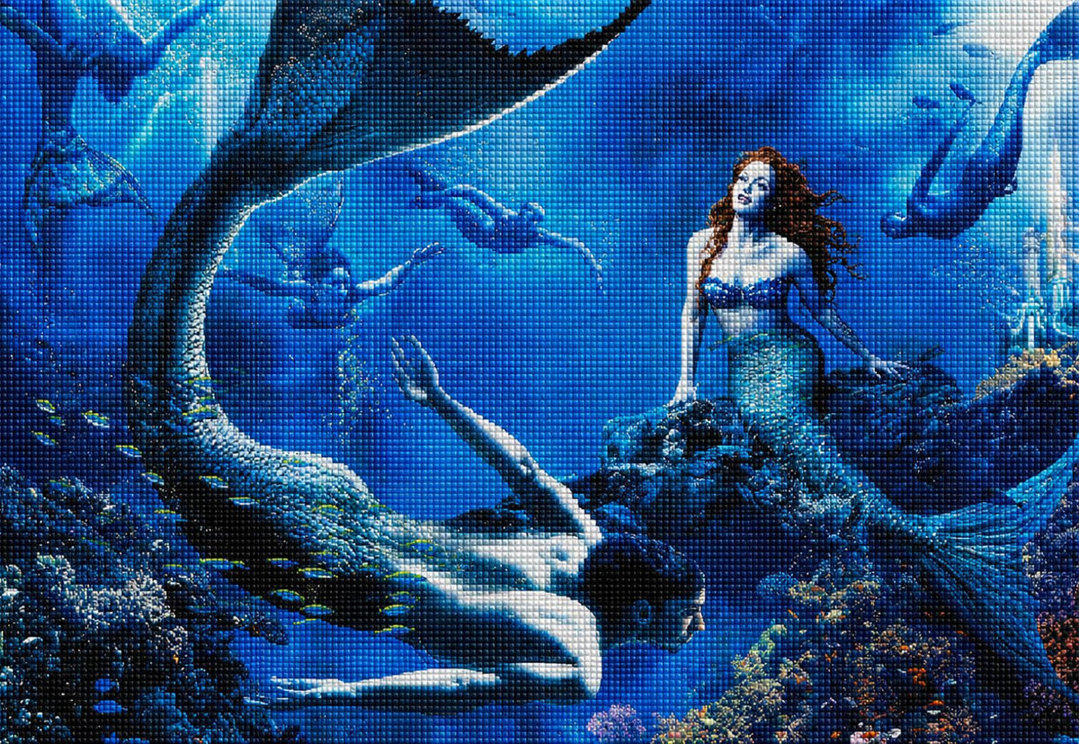 Diamond Painting einer Gruppe von Meerjungfrauen und Meermännern in einer tiefblauen Unterwasserwelt mit Fischen. Mockup.