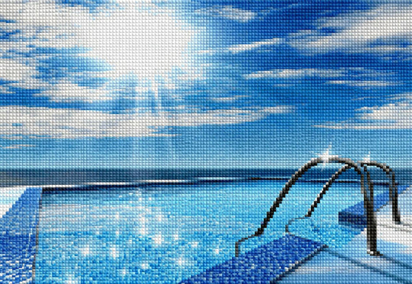 Diamond Painting eines Infinity-Pools mit blauem Wasser und Blick auf das weite Meer unter strahlender Sonne. Mockup.