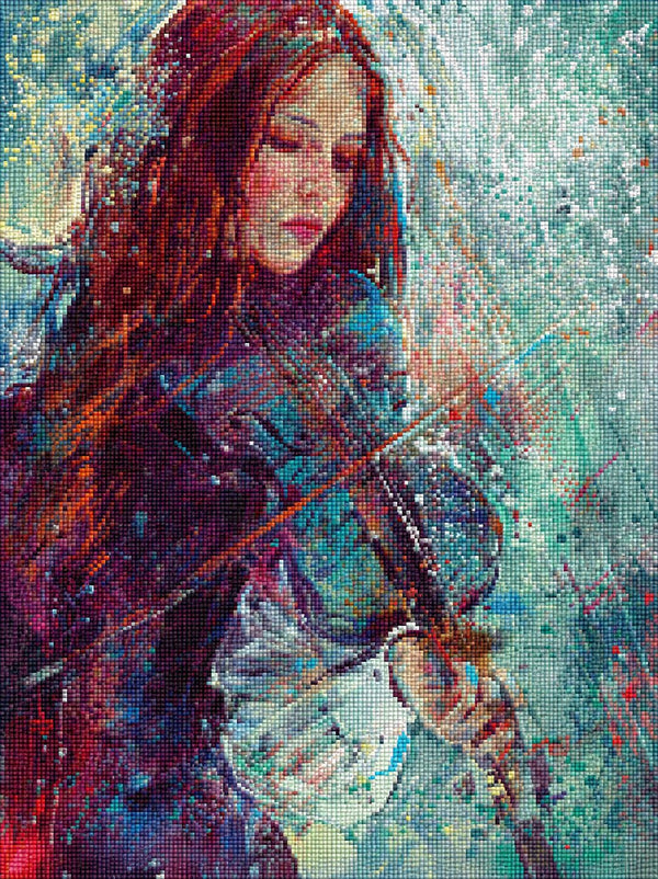 Diamond Painting eines Frauenporträts mit Violine im abstrakten Aquarell-Stil mit bunten Farbspritzern. Mockup.