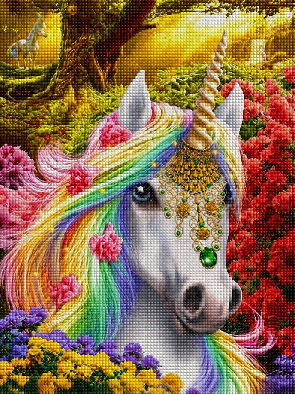 Diamond Painting mit weißem Einhorn, Regenbogenmähne und Blumenwald. Mockup.
