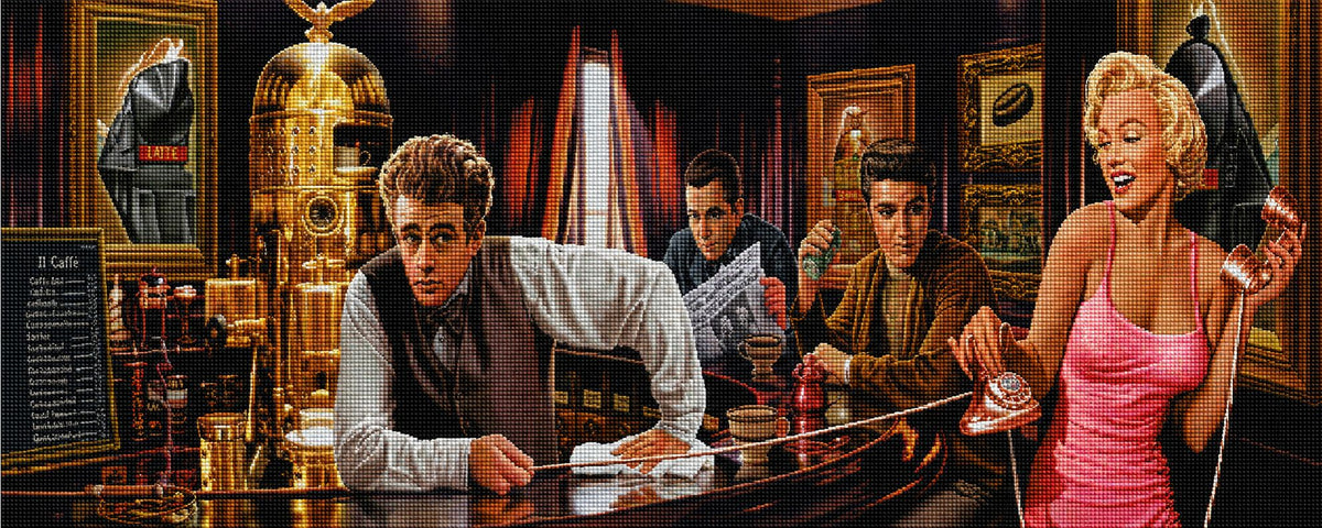 Buntes Diamond Painting von Marilyn Monroe am Telefon mit James Dean und Elvis in einer goldenen Kaffeebar. Mockup.