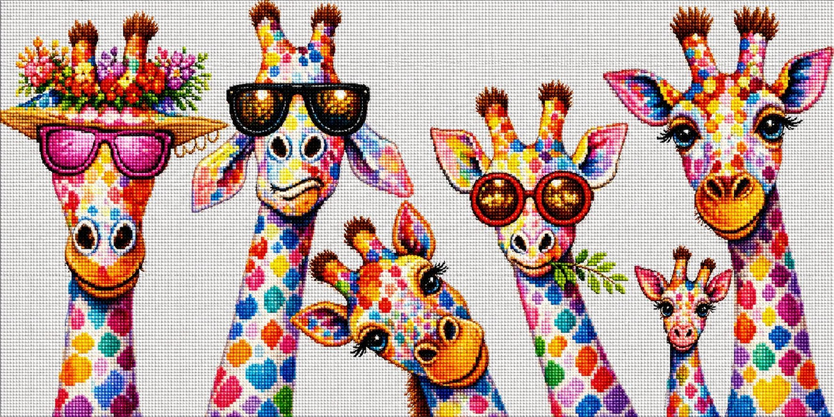 Diamond Painting einer Giraffenfamilie im Panoramaformat mit bunten Farbtupfern, Sonnenbrillen und Blumenkränzen. Mockup.