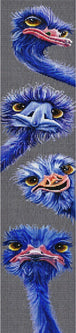 Diamond Painting von vier blauen Straußenköpfen mit großen Augen in vertikaler Anordnung auf grauen Grund. Mockup.