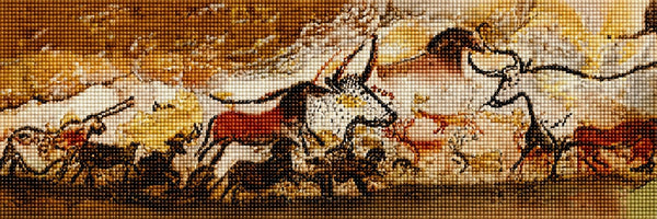 Diamond Painting einer prähistorischen Höhlenmalerei mit mehreren Wildtieren auf einer Felswand. Mockup.