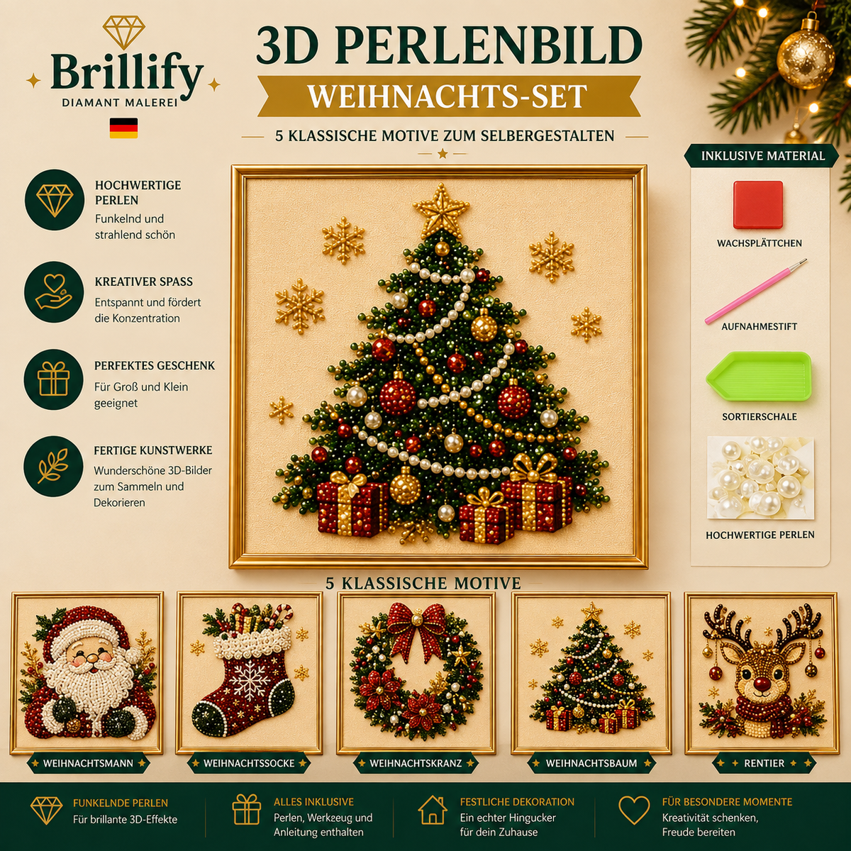 Diamond Painting Perlenset Weihnachtsset mit Weihnachtsbaum, Weihnachtsmann, Socke, Kranz, Rentier, Eisenbahn, Schneehütte, Marktplatz