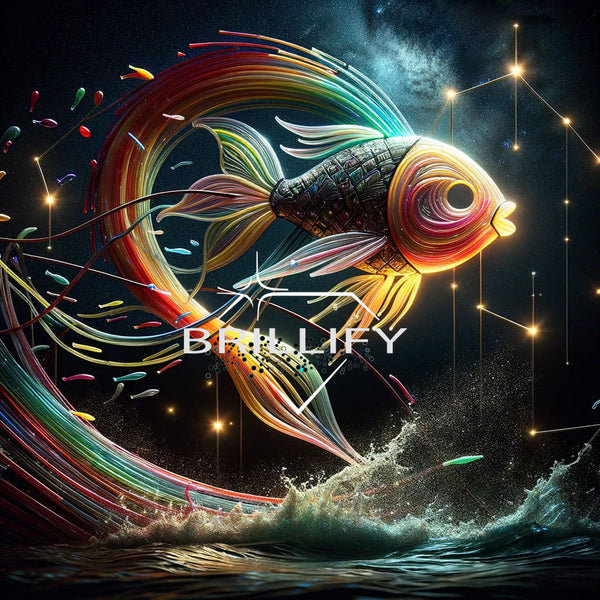 Diamond Painting Sternzeichen Fische mit leuchtendem Lichtfisch vor kosmischem Nachthimmel