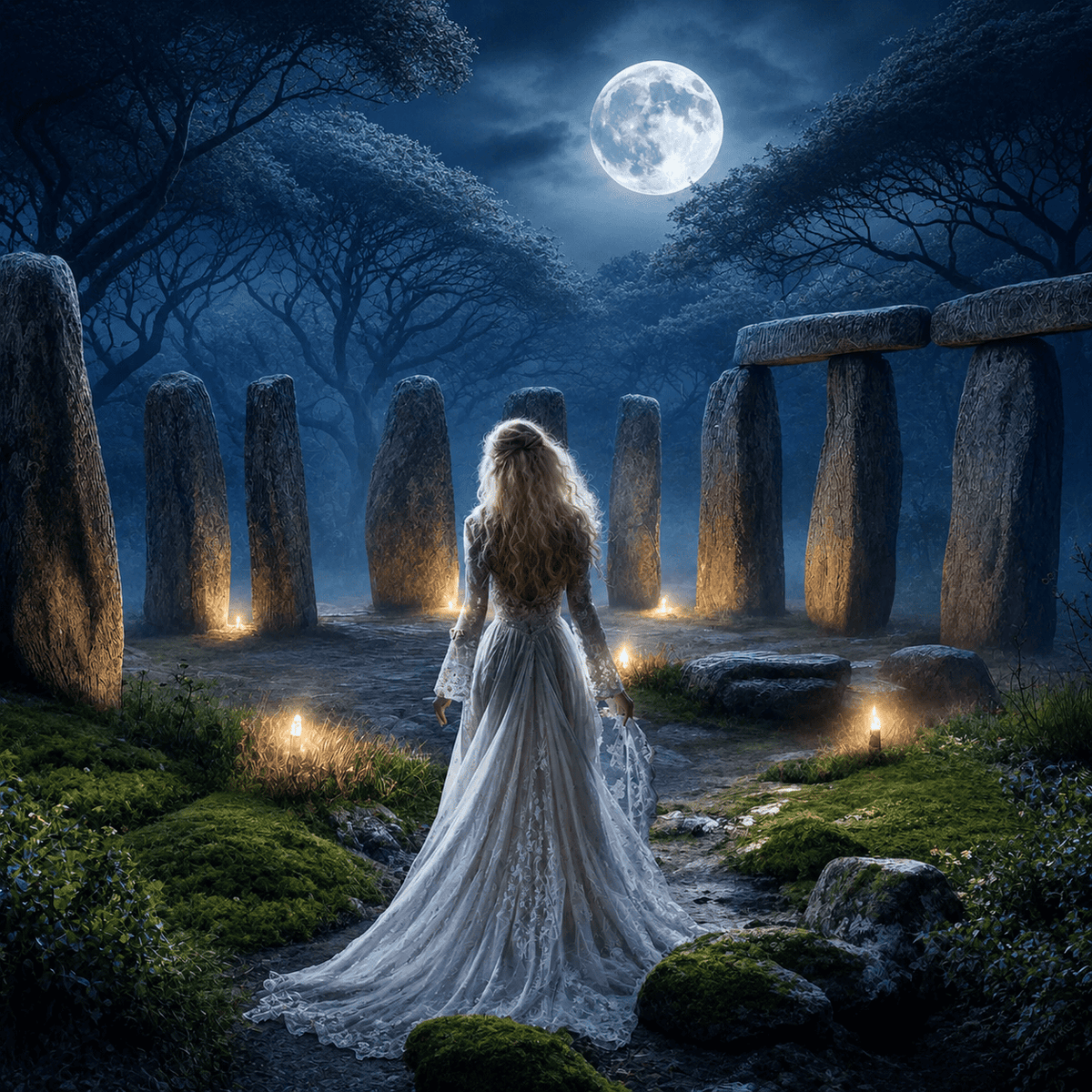 Diamond Painting mit Geisterfrau im weißen Kleid, Vollmond, Stonehenge, Nebel und Kerzen