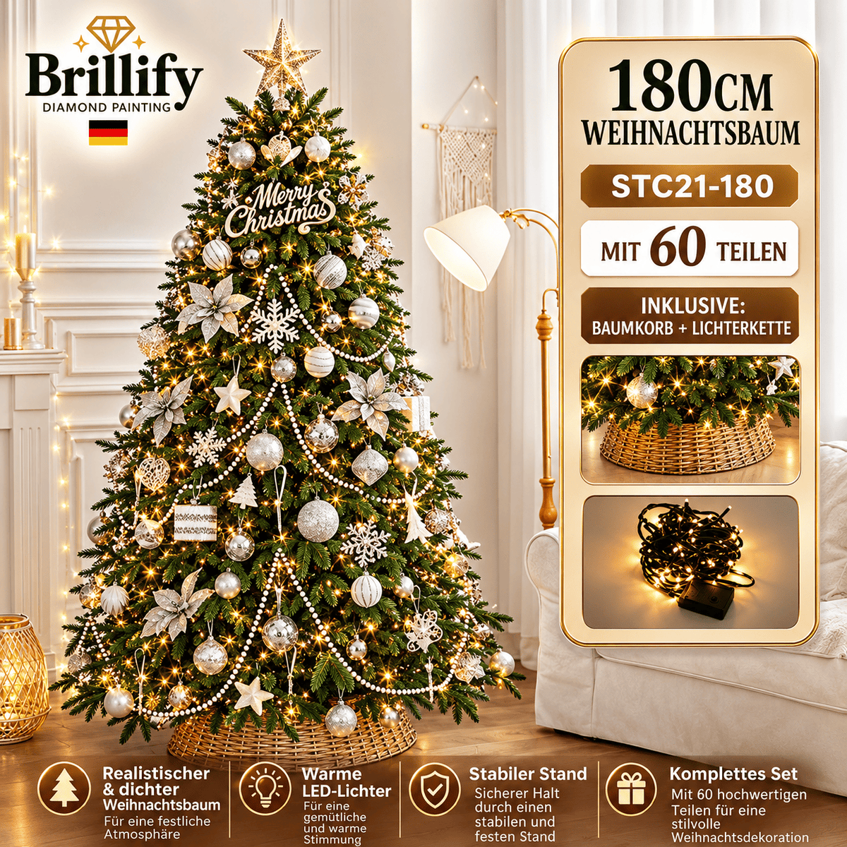 180 cm hoher kuenstlicher Weihnachtsbaum mit gold-weissen Kugeln, Schleifen und festlicher Beleuchtung
