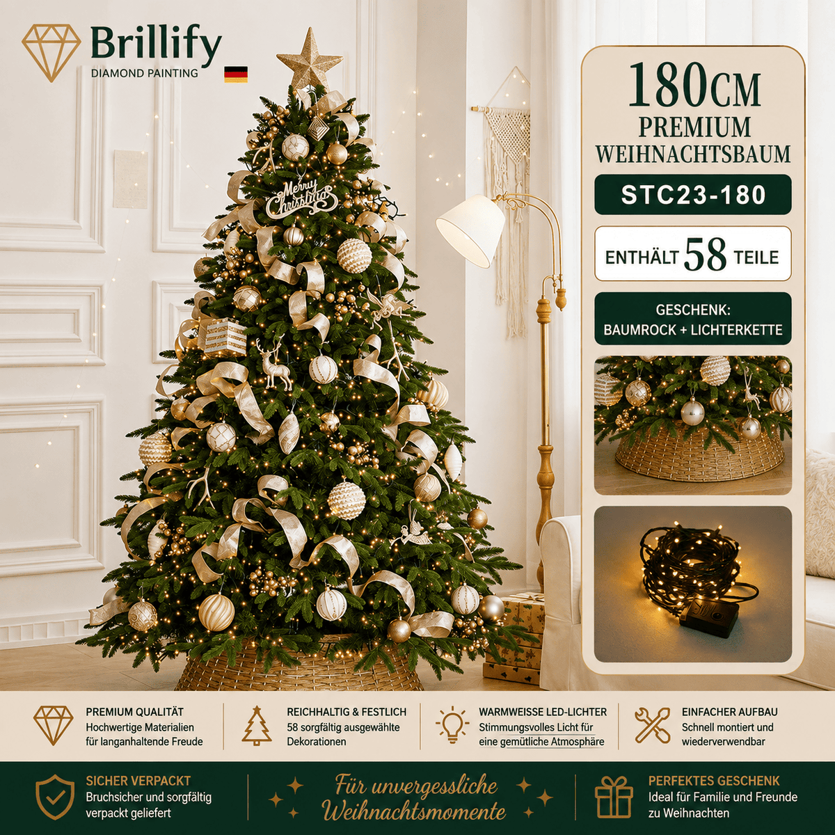 180 cm hoher Premium Weihnachtsbaum mit gold-weissen Ornamenten, Kugeln und festlicher Beleuchtung