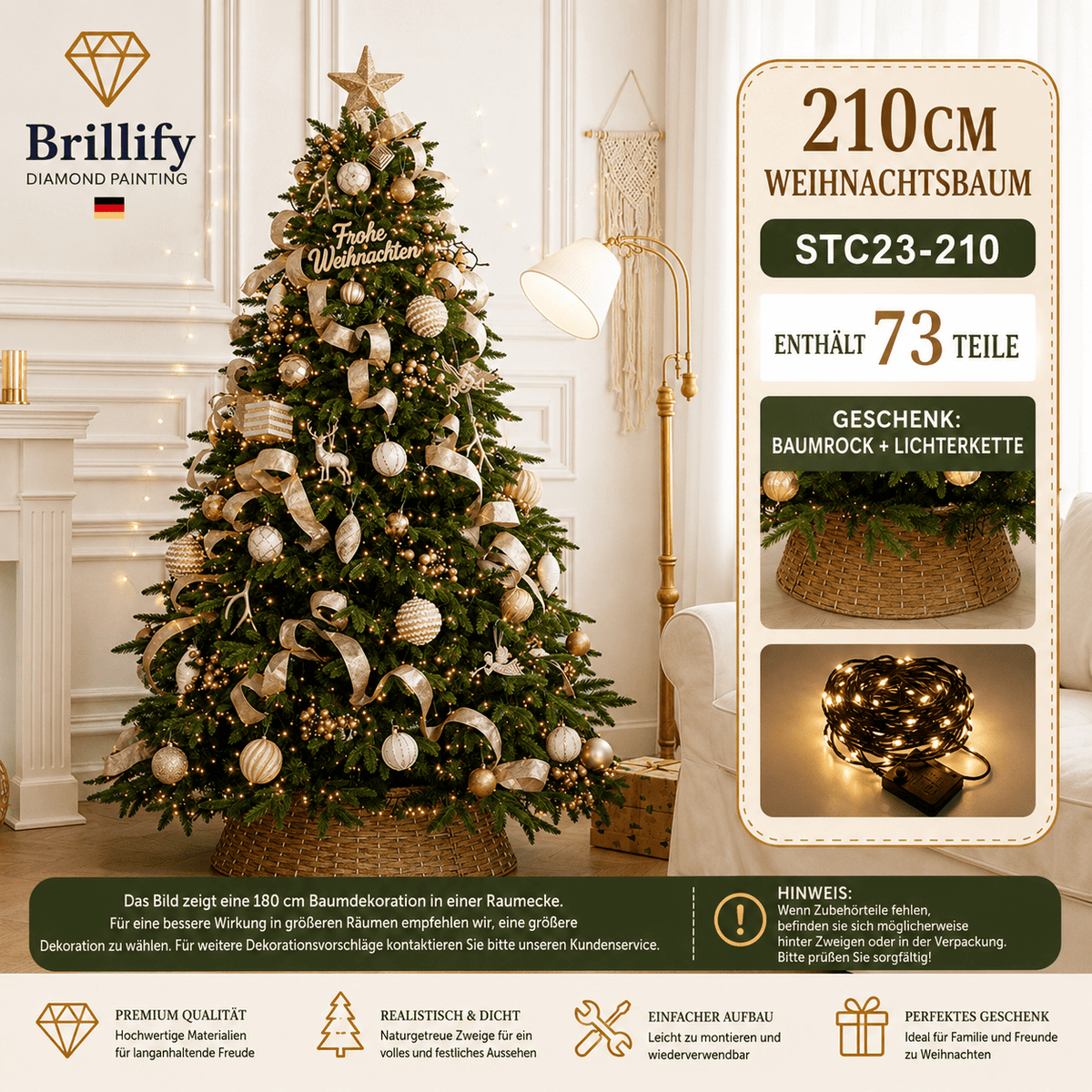 210 cm hoher Premium Weihnachtsbaum mit gold-weisser Dekoration und warmer Weihnachtsbeleuchtung