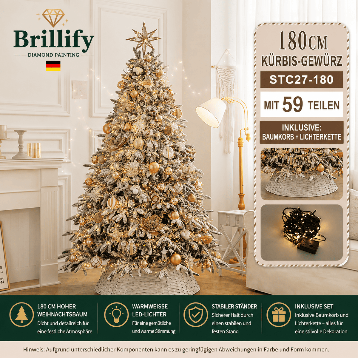 180 cm hoher kuenstlicher Weihnachtsbaum in Kuerbis-Karamell mit festlicher Dekoration und warmen Lichtern