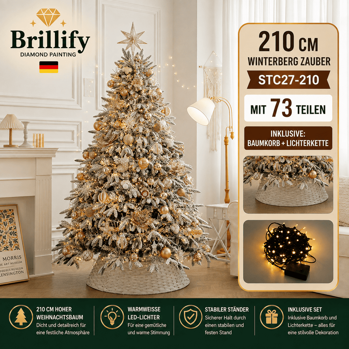 210 cm hoher kuenstlicher Weihnachtsbaum in Kuerbis-Karamell mit eleganter Weihnachtsdekoration und Beleuchtung