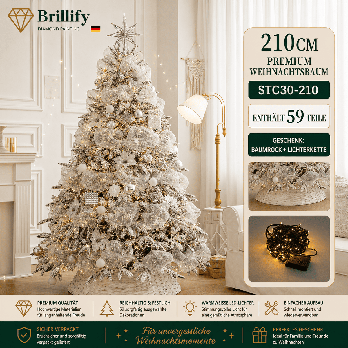 210 cm hoher kuenstlicher Weihnachtsbaum in Creme-Weiss mit festlicher Dekoration und warmen Lichtern