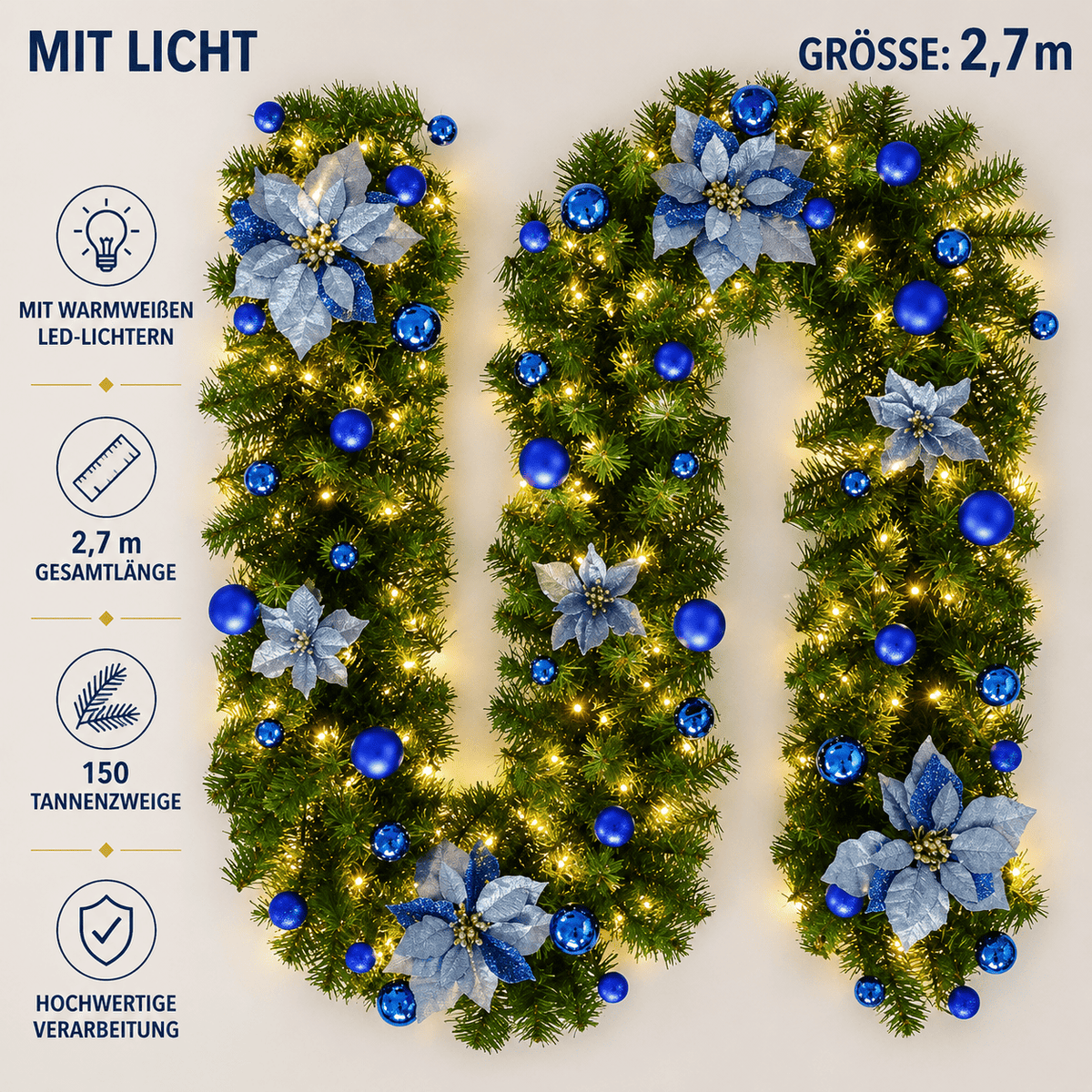 270 cm künstliche Weihnachtsgirlande mit blauen Blüten, Kugeln und LED-Beleuchtung für moderne Weihnachtsdekoration
