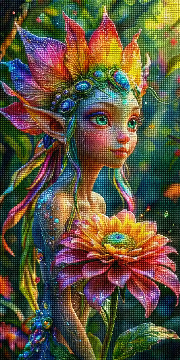 Diamond Painting mit bunter Waldelfe, Regenbogenkrone, grünen Augen und großer Fantasieblume Mockup Pixelvorschau