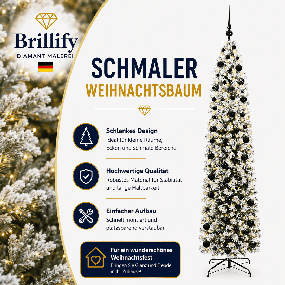 Schmaler künstlicher Weihnachtsbaum mit warmweißer Beleuchtung und schwarzen Weihnachtskugeln – platzsparende Weihnachtsdekoration