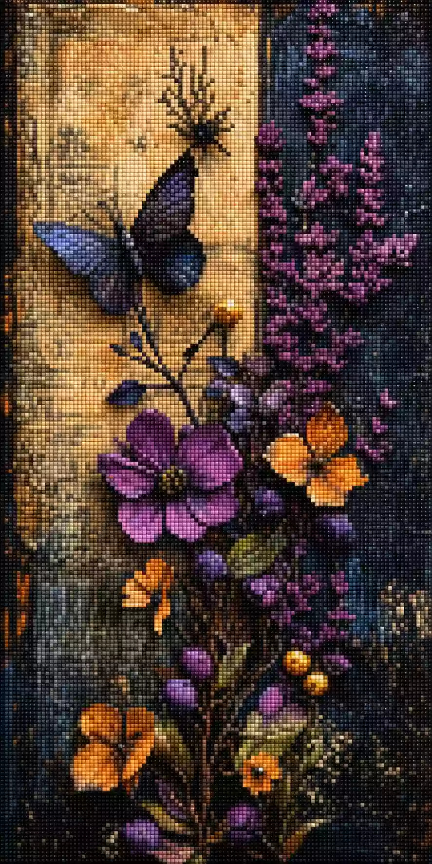 Diamond Painting mit violetten Blumen, orangefarbenen Schmetterlingen und dunklem Vintage-Hintergrund Mockup