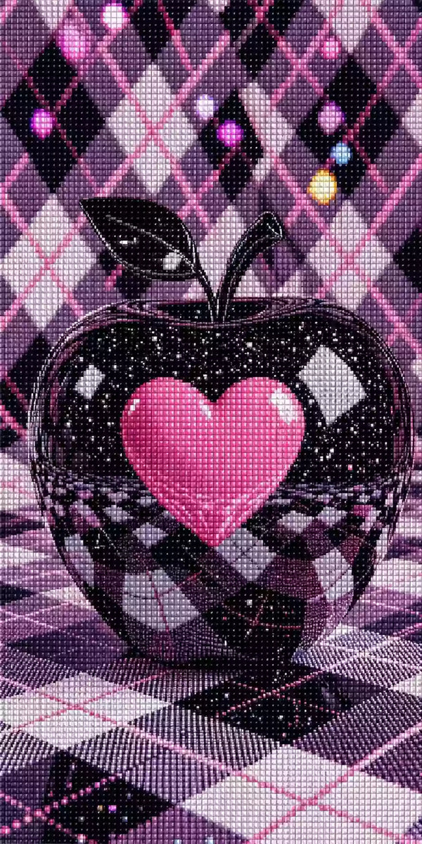 Diamond Painting mit schwarzem glänzendem Apfel, rosa Herz und violett-schwarzem Rautenmuster Mockup Pixelvorschau