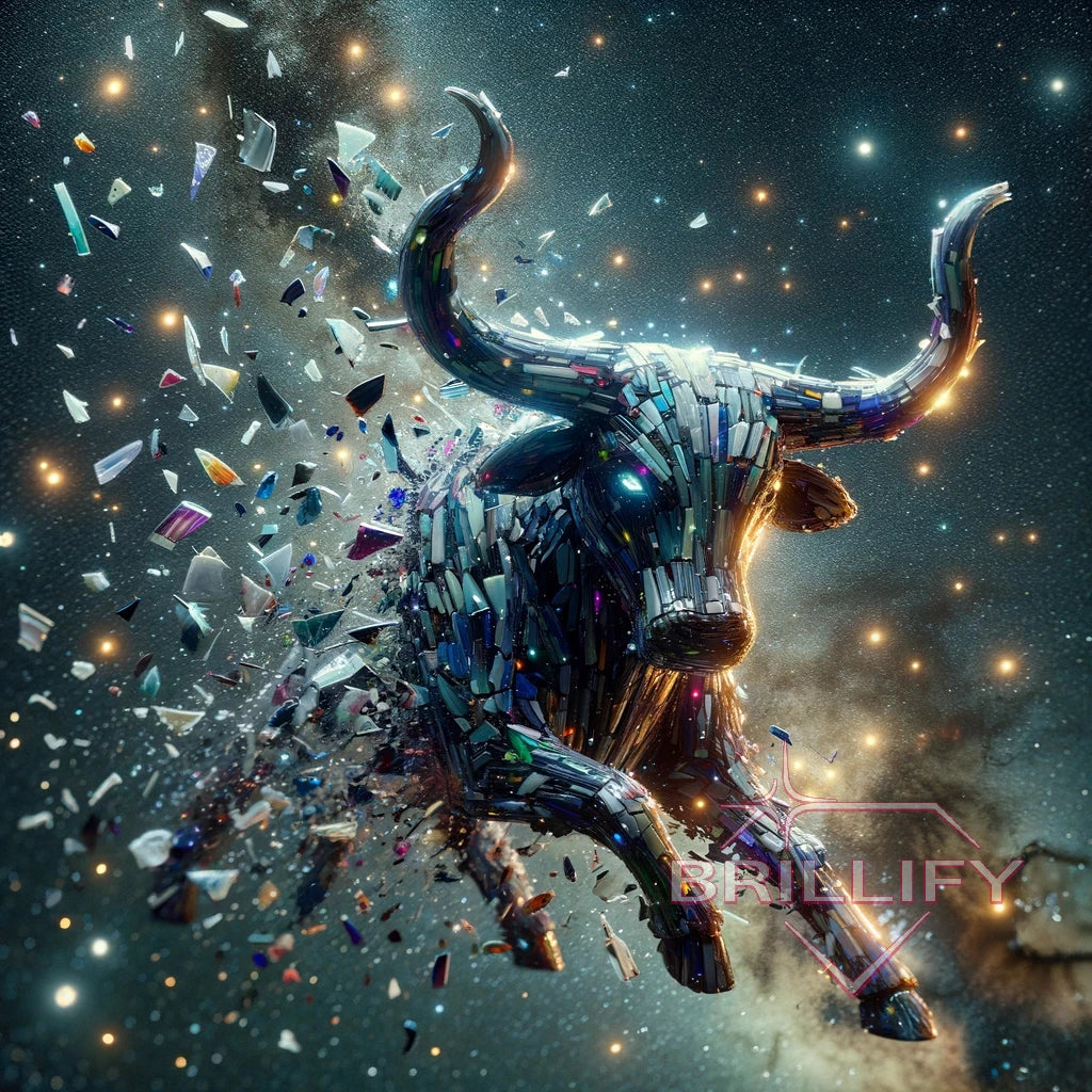 Diamond Painting Sternzeichen Stier monumentale Gestalt aus dunklen Blöcken im All