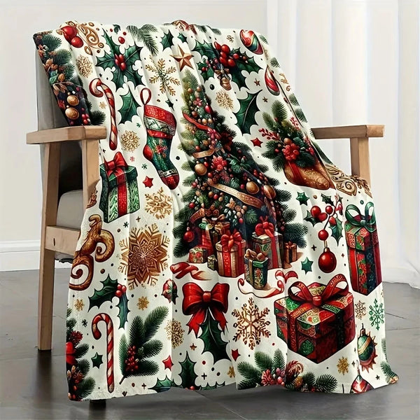 Kuschelige Weihnachtsdecke mit Tannenbaum, Geschenken, Zuckerstangen, Schneeflocken und klassischem Weihnachtsmotiv