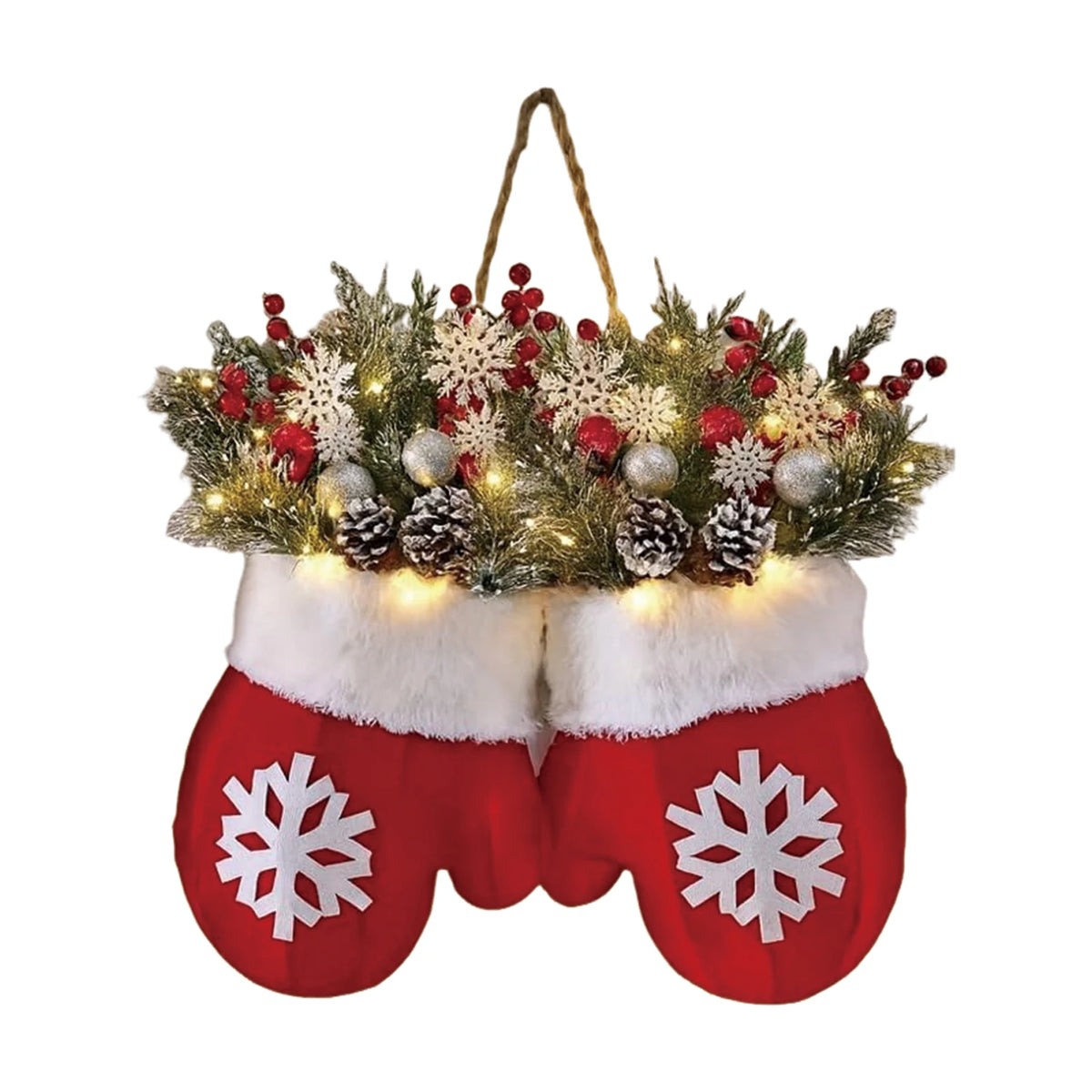 Hängende Weihnachtshandschuhe mit Tannengrün, roten Kugeln, Beeren und stimmungsvoller LED-Beleuchtung
