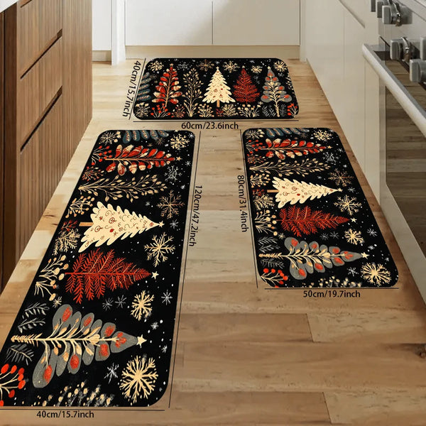 Weihnachtsläufer Set mit schwarzem Hintergrund, Tannenbäumen, Zweigen, Beeren und Schneeflocken in verschiedenen Größen