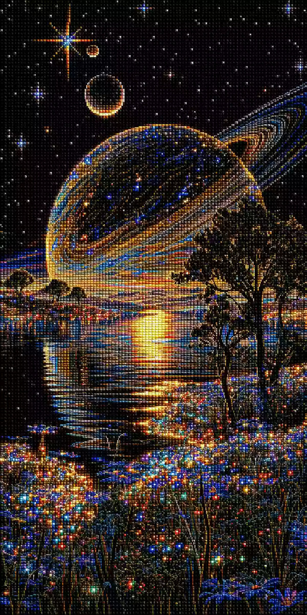 Saturn-Planet über einem See mit leuchtenden Blumen als Diamond Painting. Mock up