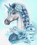 Diamond Painting eines kleinen weißen Einhorns mit blauer Mähne umgeben von hellblauen Rosen und Sternen. 
