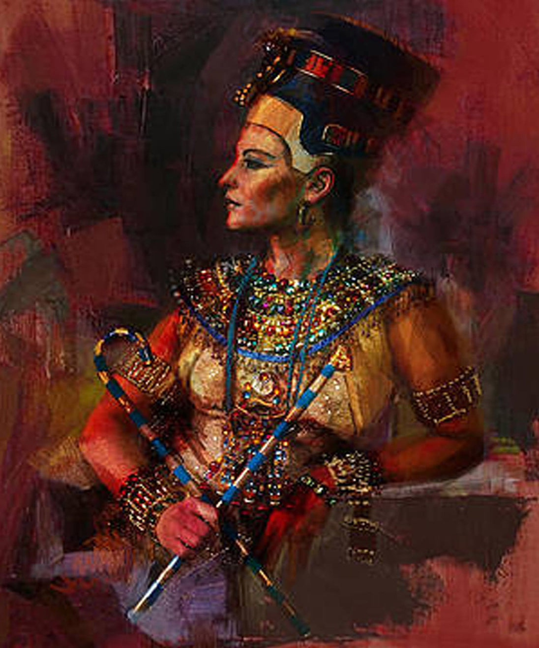 Diamond Painting der Königin Nefertiti mit prachtvollem Schmuck und Krone vor rötlichem Hintergrund. 
