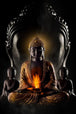 Diamond Painting eines meditierenden Buddhas mit einer Flamme in den Händen vor einem dunklen Hintergrund.