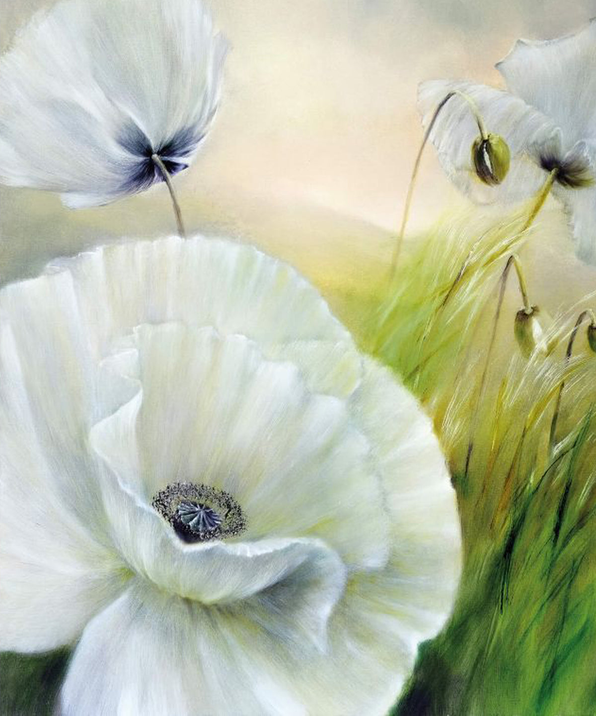 Diamond Painting von großen weißen Mohnblüten auf einer Wiese vor einem hellen, sonnigen Hintergrund.