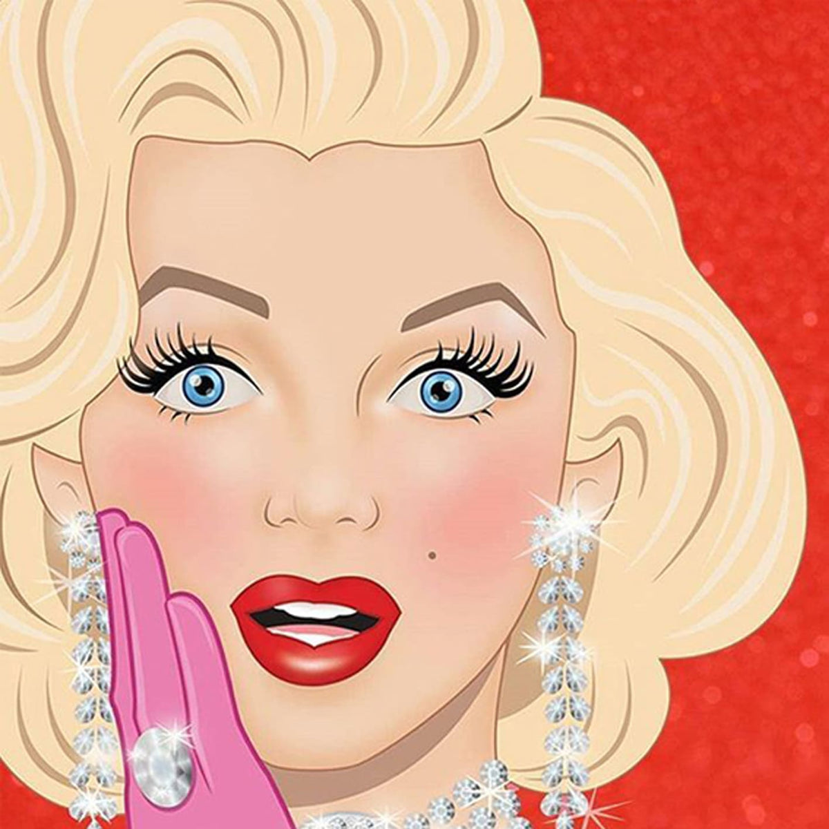 Diamond Painting eines Frauenporträts mit blonden Haaren, roten Lippen und großen glitzernden Diamantohrringen.