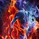 Diamond Painting von zwei umschlungenen Gestalten aus Feuer und blauem Rauch auf schwarzem Hintergrund.